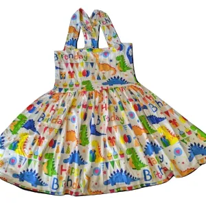 Happy Birthday Dinosaur Suspender Skirt Dress