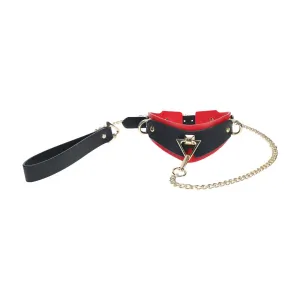 Set OUCH! Collar with Leash - Milan Collection. pentru jocuri erotice BDSM. cu lanț auriu. din piele îmbinată. culoare negru cu roșu