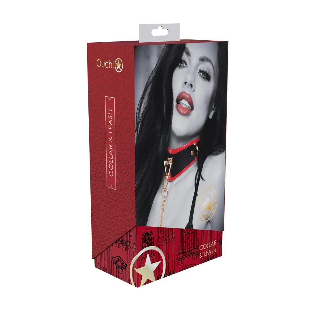 Set OUCH! Collar with Leash - Milan Collection. pentru jocuri erotice BDSM. cu lanț auriu. din piele îmbinată. culoare negru cu roșu